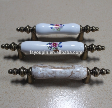 Vintage Embossed Zinc Alloy and Ceramics Cabinet Handle