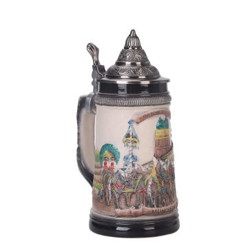 German Oktoberfest Tankard with Eagle Horn - 85L Metal Pewter Lid Steel Construction Mug