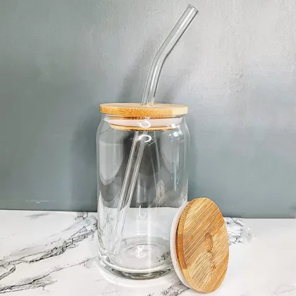Best Seller: Custom Logo Coffee Glass Tumbler - 16oz Libbey Classic Soda Beer Glass with Bamboo Lid and Glass Straw