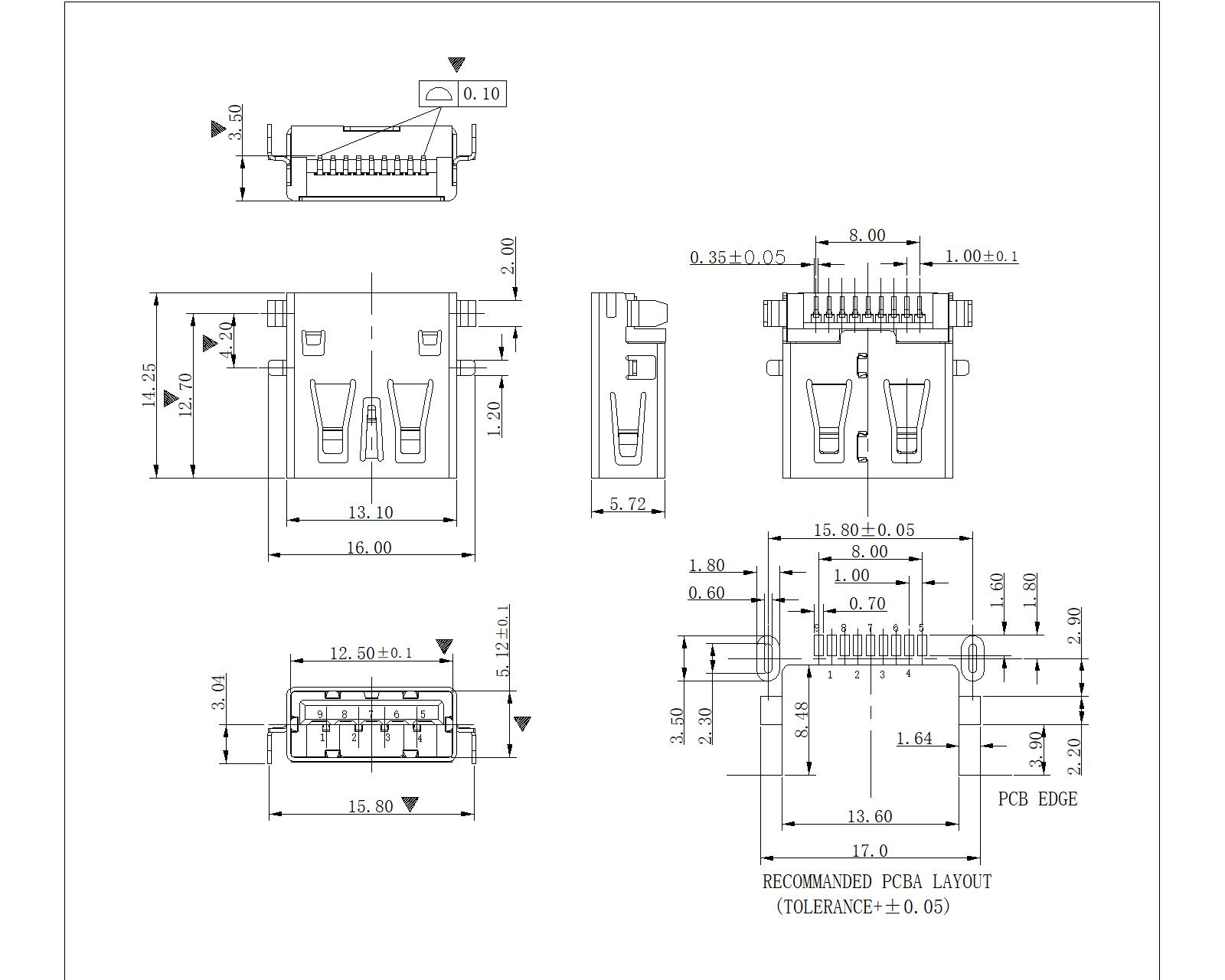U3AFM05 USB 3.0 A Type Receptacle Sink SMT Wi