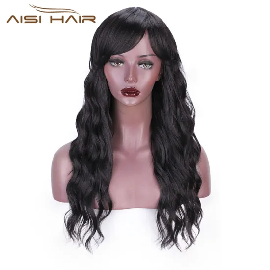 Aisi Hair Machine Made Synthetic Long Wavy Wigs Black Body Wave Curly Wave with Bangs Long Wigs for Black Women
