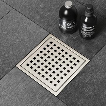 6 Inch Square Brushed Nickel Shower Drain with Removable Grate, Food-Grade SUS 304 Stainless Steel