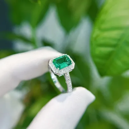 Bespoke Platinum Lab Emerald Halo Engagement Ring