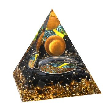 Yellow Tiger Eye Sphere Raw Black Obsidian Base Gold 60MM Pyramid Ornament