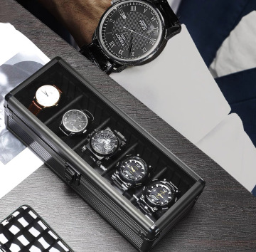Matte Black Watch Storage Box with 5-Layer Transparent Glass Cover, Flannel Watch Pillow for Display