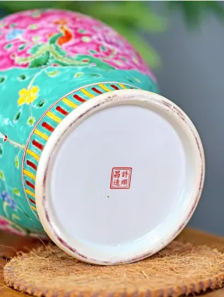 Hand-Painted Phoenix and Lion Head Ceramic Vase