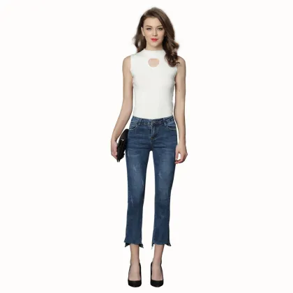 MID Waist Ankle Length Irregular Hem Ladies Straight Jeans