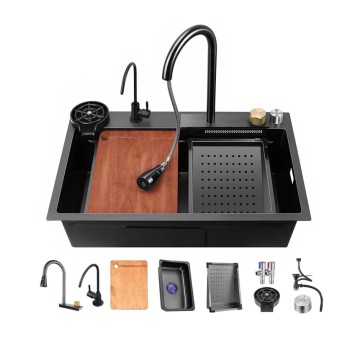 Modern Multifunction Waterfall Kitchen Sink with Strainer, Stainless Steel