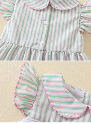 Summer Casual Cotton Stripe Smock Dress with Peter Pan Collar and Embroidery for Kids