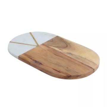 Oval White Marble Platter with Brown Wood, Gold Brass Inlay - Handmade in China