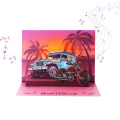 Tarjeta de cumpleaños emergente musical 3D Beach Sunset con coche todoterreno