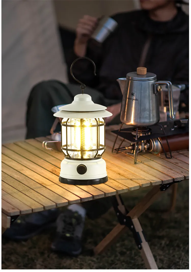 Linterna LED portátil para acampar con diseño retro y batería recargable