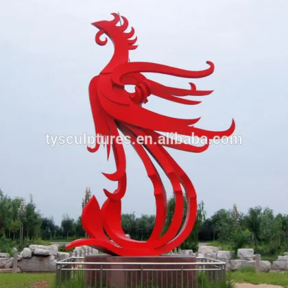Red color Chinese outdoor abstract bird phoenix stainless steel sculpture for garden