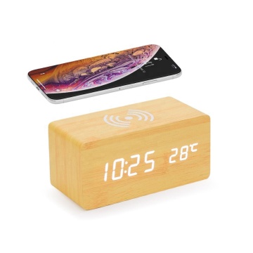 2022 Wooden LED Alarm Digital Clock with Qi Wireless Charger, Temperature Control, and Sound
