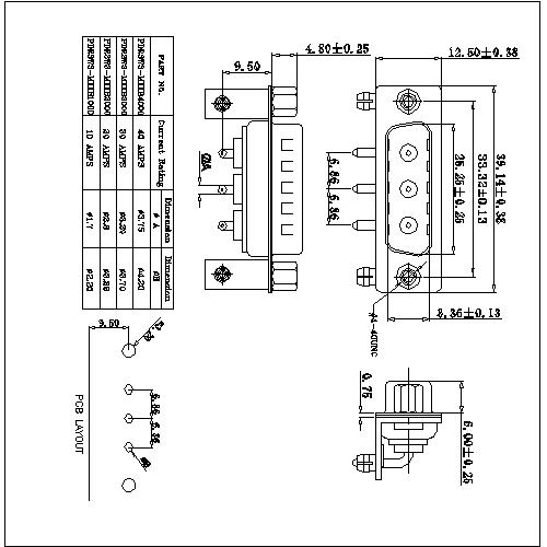 PDR3W3-MXXX00 POWER D-SUB 3W3 Right angle PCB-MALE TYPE