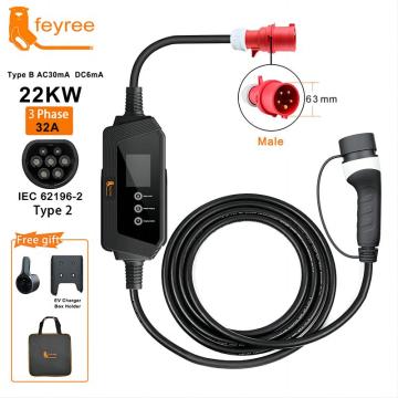 Feyree Type2 Portable 22KW 32A 3Phase EV-laddare med 5M-kabel och socket IEC62196-2
