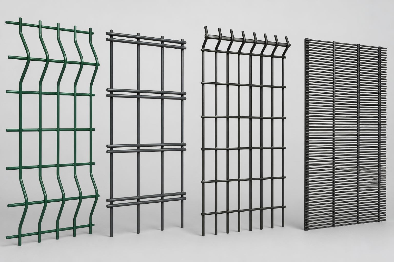 ANJIA Group close-up comparison of four fence mesh types 3D V-bend double wire anti-climb and 358 tight mesh