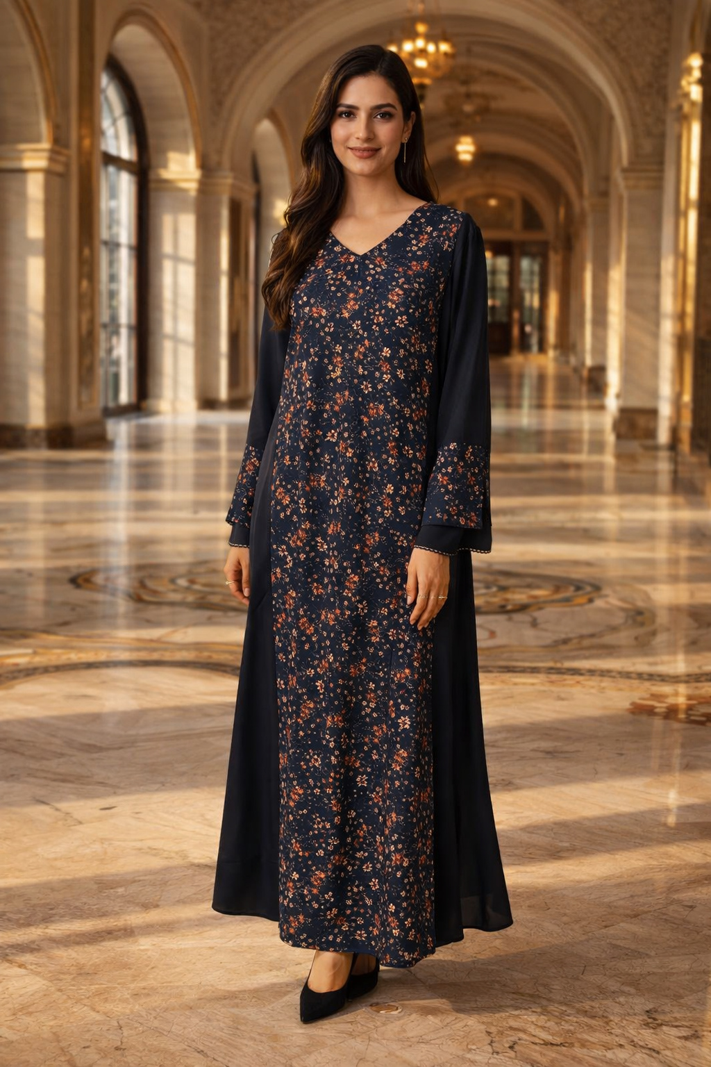 black floral print abaya floral full front view