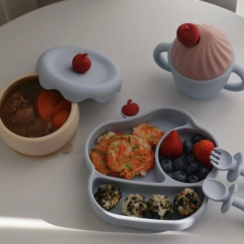 Soft-Hued Kids' Tableware with Cherry Design