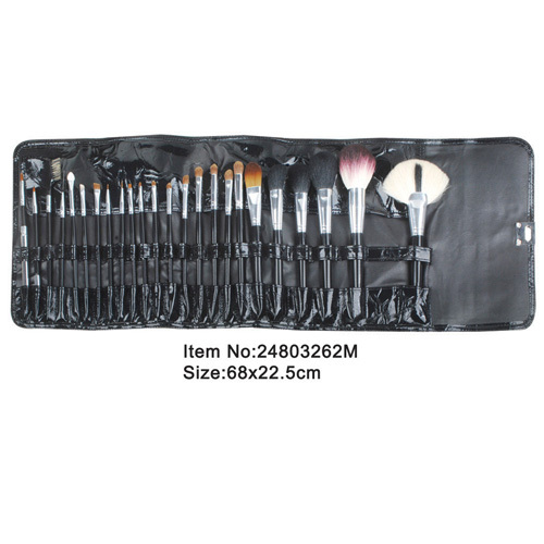 24pcs black plastic handle animal/nylon hair cosmetic brush set with black PU case