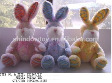 cute and lively stuffed customized plush rabbit with a long ear pink and purple and yellow color white beard
