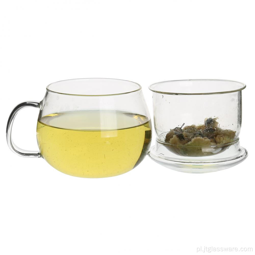 Okrągły szklany kubek do picia herbaty z uchwytem i pokrywką