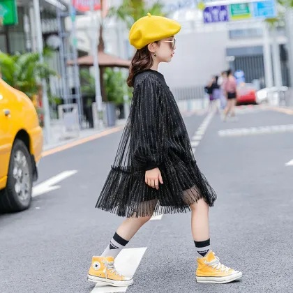 Autumn new big girl children clothes girl dresses black mesh shein dress