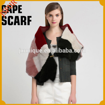 Hot New Fashion Lady's Contrast Color Joint Real Sheep Shearling Fur Cape And Shawl Scarf