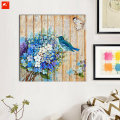 Blue Bouquet Wood Art Chat Flowers Burung lukisan minyak