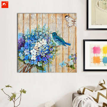 Blue Bouquet Wood Wall Art Flowers Birds Oil Painting