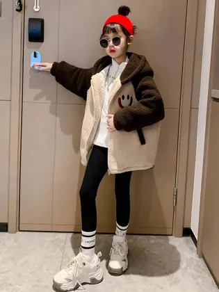 Girls' cotton wool sweater coat Autumn and winter casual thickened hooded jacket