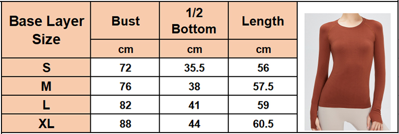 S-XL Seamless Base Layer Size Chart