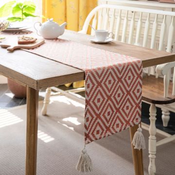 Wholesale Geometric Table Runners: Polyester Cotton Jacquard with Tassels for Dining Decor