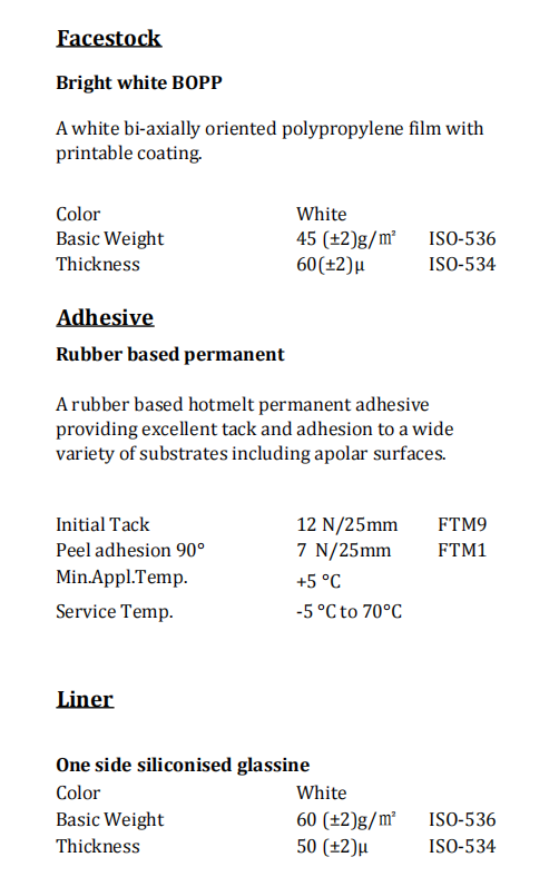 Ha18qe2722 Bright White Bopp Tc Rubber Based Permanent White Glassine