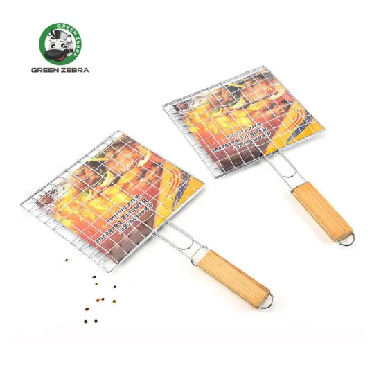 Portable Camping Reusable Barbecue Grid Net: BBQ Grill Wire Mesh with Wood Handle