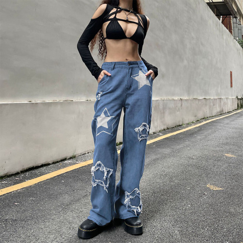 Womens Denim Loose Trousers Womens Patchwork High Waisted Jeans Manufactory