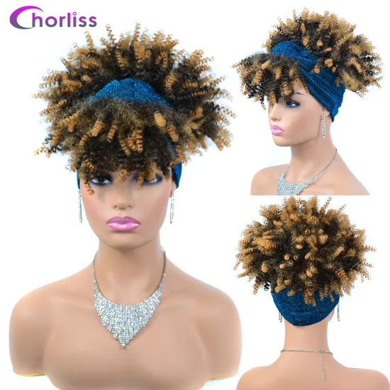Wholesale Hot Selling Deep Volume Cheap Turban Wrap Wig Short Afro Kinky Curly Synthetic Headband Wig For Black Women