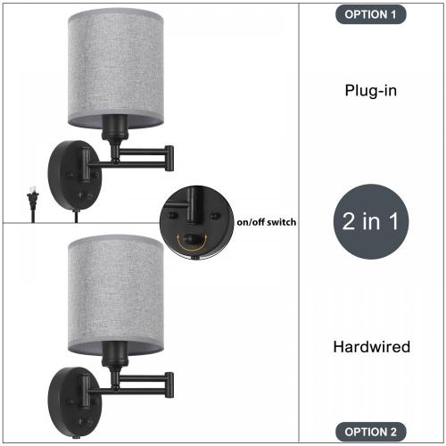 Luminárias de parede de braço balanço com abajur de linho cinza