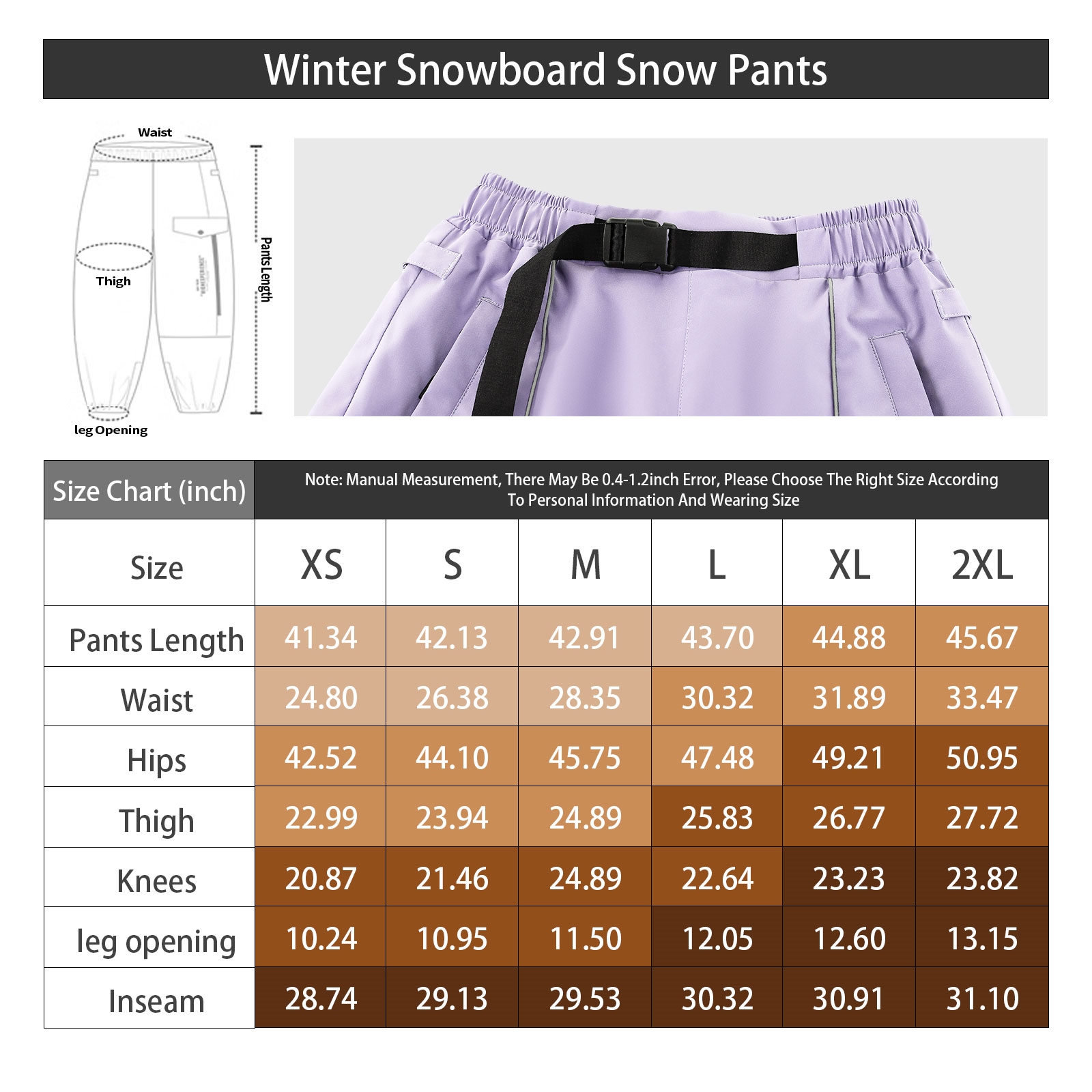 purple snow pants size chart