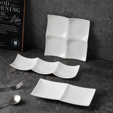 Nordic Style Sushi Plate Set - RW015 Creative White Ceramic Sauce Divided Dishes for Hotel