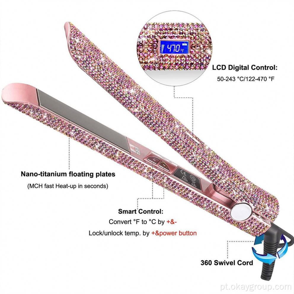 Máquina de ondulação de alisador de cabelo Blinged Diamond Flat Iron