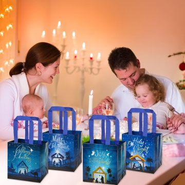 Nativity Christmas Non-Woven Gift Bags - Joy to the World Favor Bags with Handle
