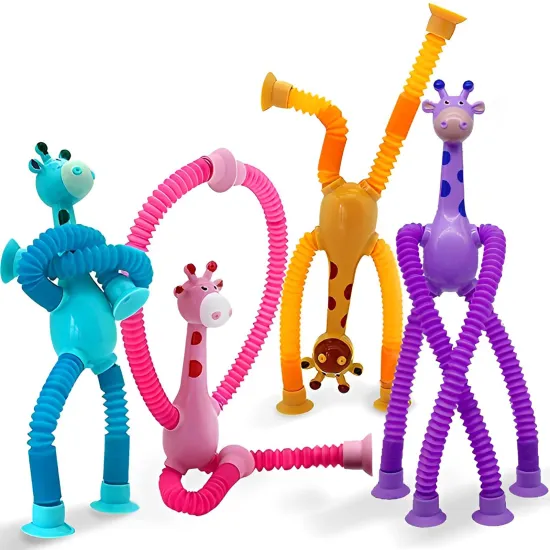 Decompression Toys: Decompression Cute Cartoon Animal Giraffe Led Magic Sensory Stretch Plastic Suction Pop Tube Fidget Toy Sets for Babies