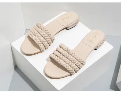 Summer One Word Woven Sandals for Women Casual Thick Heel Flat Sandals