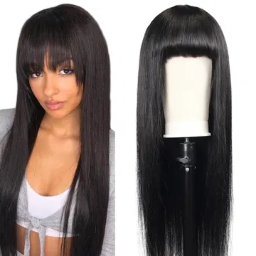 30inch long human hair fringe wig, peruvian straight hair with bang brazilian human hair wigs with bangs for black women