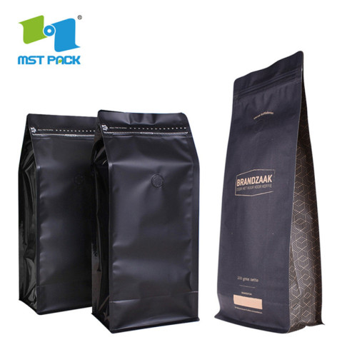 Kraft Paper flat bottom box Bag pouch 1kg black With Valve For Coffee