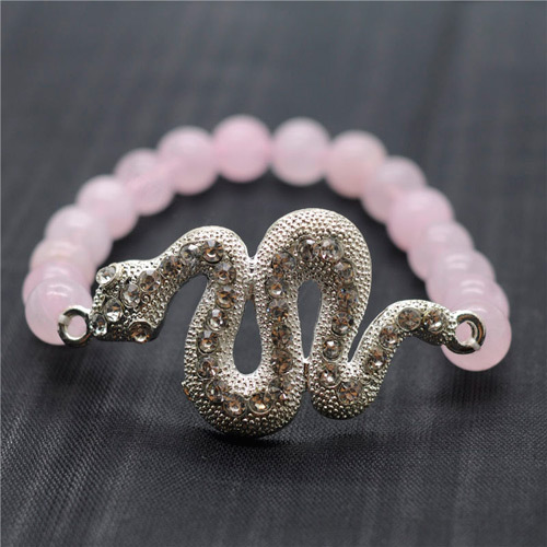 Rose Quartz 8MM Round Beads Stretch Gemstone Bracelet with Diamante Snake Piece