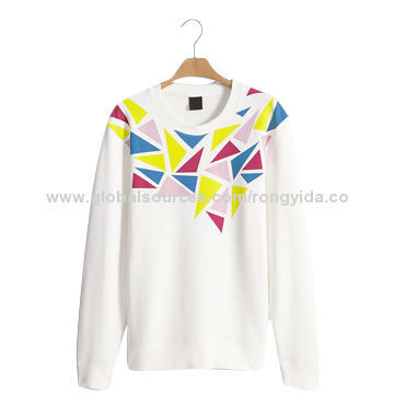 Women's White Crew Neck Pullover, Long Sleeves, Made of 100% Cotton