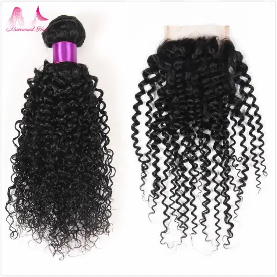 wholesale price kinky curly malaysian hair natural color double drawn human hair bundles with 4*4 lace closure