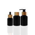 Bamboo Matte black skincare set cosmetic glass bottle